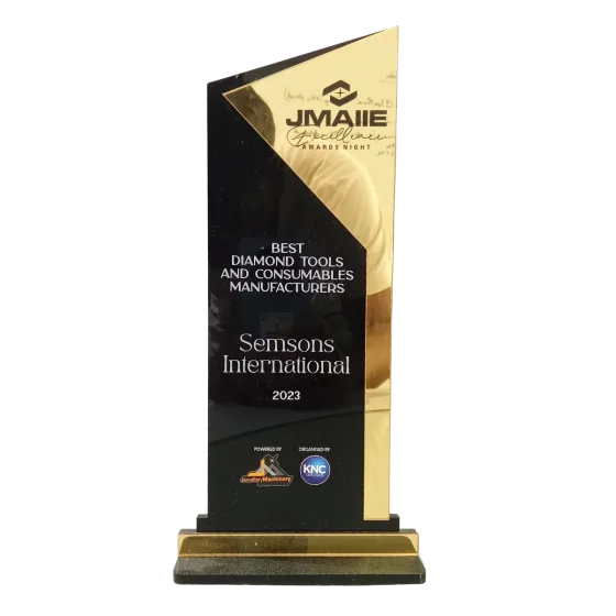 Best Diamond Tools and Consumables Manufacturers trophy from the 2023 JMAIIE Excellence Awards Night, engraved to Semsons International