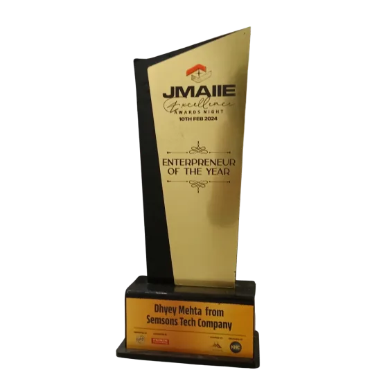 Entrepreneur of the Year trophy from the JMAIIE Excellence Awards Night of 10 February 2024, engraved to Dhyey Mehta from Semsons Tech
