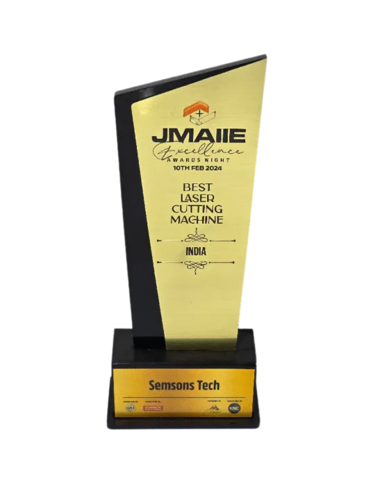 Best Laser Cutting Machine India trophy awarded to Semsons Tech at the JMAIIE Excellence Awards Night on 10 February 2024
