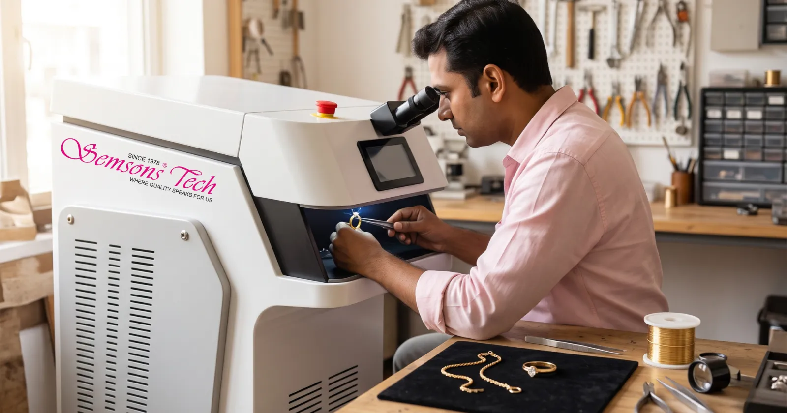 A jeweller welding a gold ring under the microscope of a Semsons Tech jewellery laser welding machine, with a broken gold chain and a diamond ring waiting on the bench