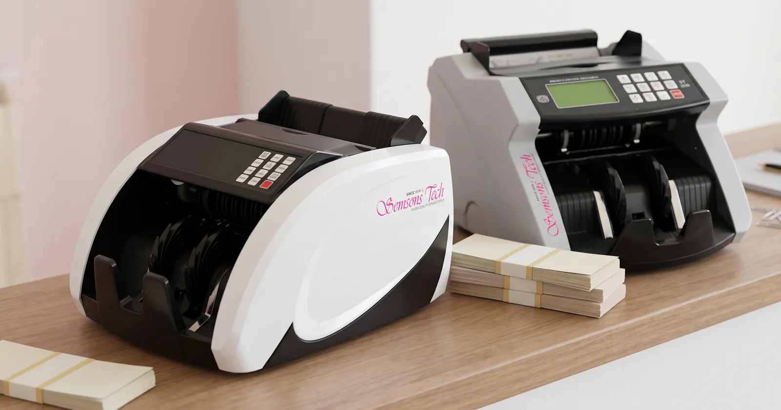 Semsons Tech ST810 and ST2330 note counting machines on a shop counter beside bundles of notes