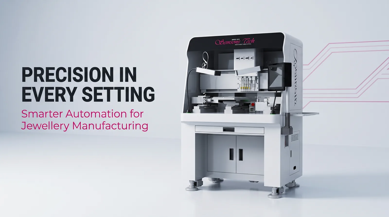 Semsons Tech X4 Pro Plus double-station automatic wax setting machine beside the words "Precision in every setting: smarter automation for jewellery manufacturing"