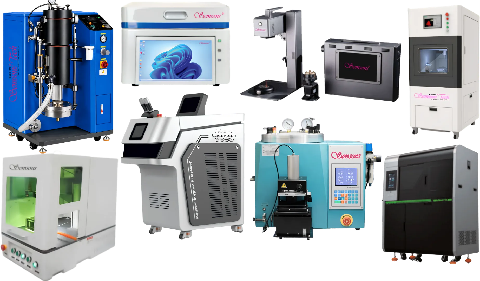 A line-up of nine Semsons jewellery manufacturing machines shown side by side — vacuum casting, 3D printing, laser marking, laser cutting and jewellery laser welding equipment.