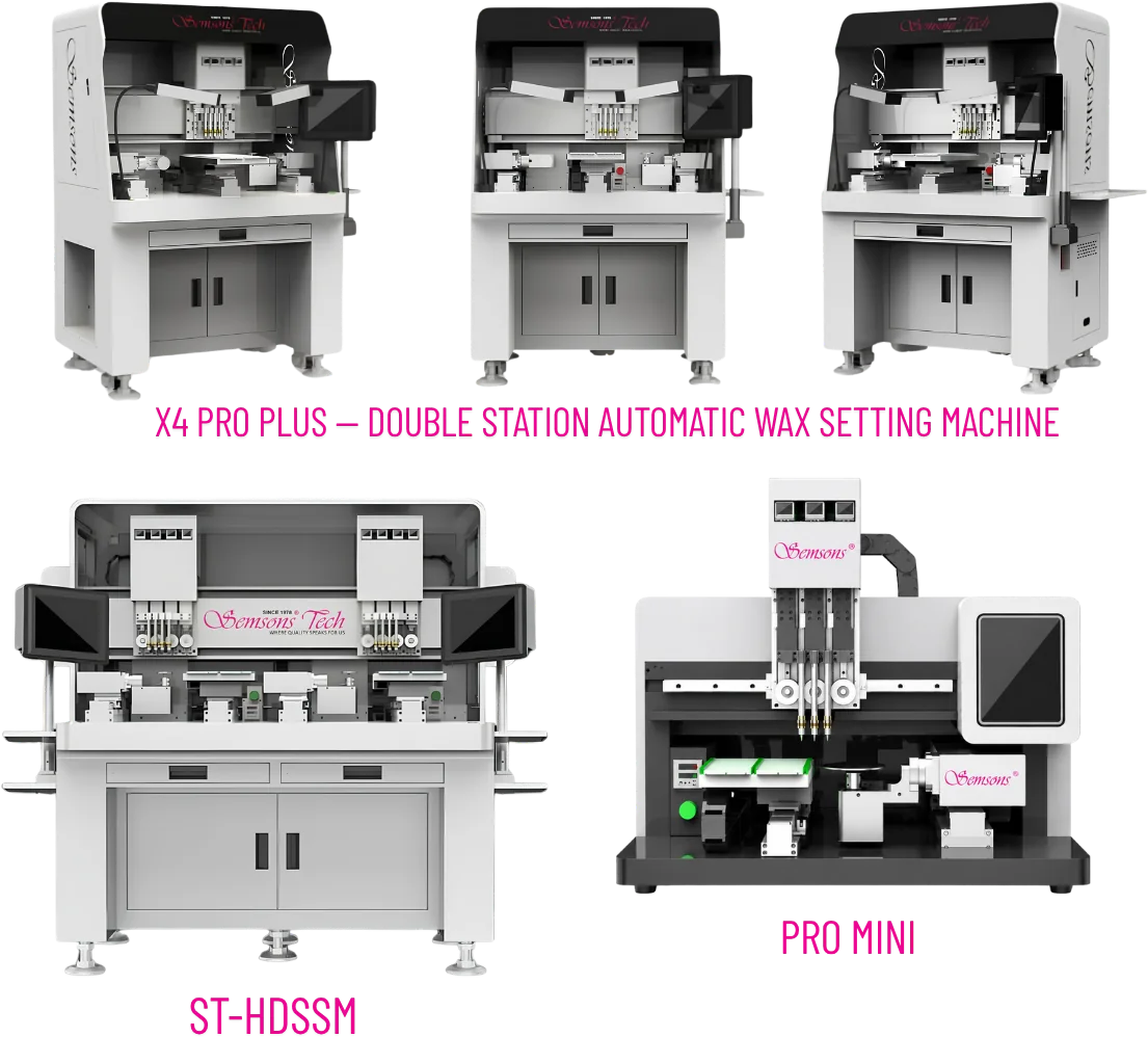The Semsons Tech automatic wax setting range: three views of the X4 Pro Plus double-station machine, with the ST-HDSSM double-head machine and the Pro Mini benchtop machine.