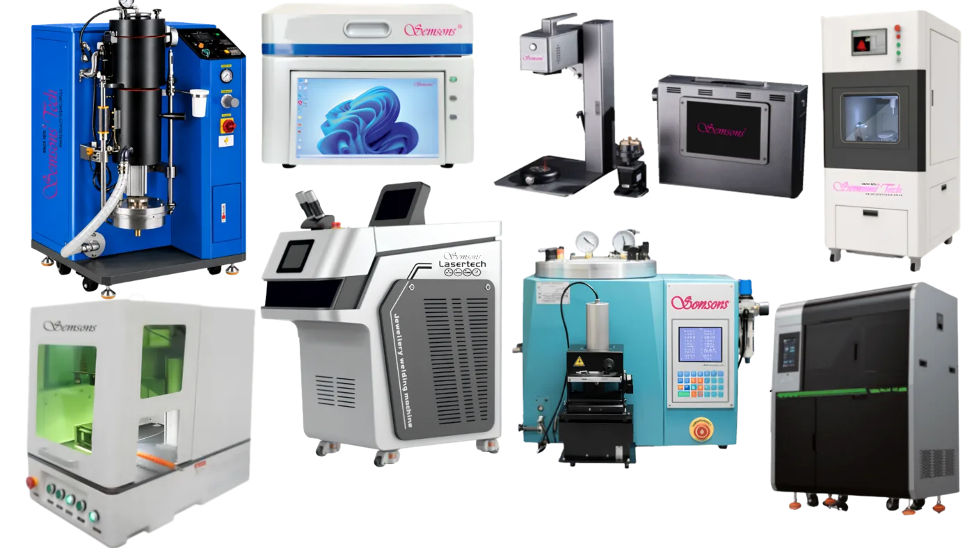 A wide view of Semsons jewellery manufacturing equipment arranged together: casting, printing, polishing, marking and testing machines.